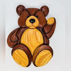 Intarsia Wood Teddy Bear Wall Hanging Handcrafted Gale L Cratsemberg Vintage